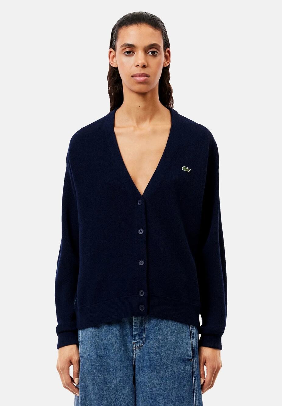 Lacoste Long Sleeve V-Neck Button-Down Knit Cardigan Sweater Navy Blue Women's 6